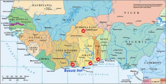 Map Of West Africa. Busua Inn - Hotel and french